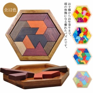 全12色 木製パズル 型はめパズル 形合わせ 六角形 はめ込み ブロック 積み木 積み上げ バランスゲーム 動物 乗り物 果物 恐竜 立体パズル