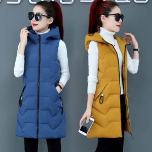 全7色×5サイズ ロングジャケット レディース ベスト 中綿ジャケット フード付き ロングベスト コート 冬服 ノースリーブ 暖かい きれい