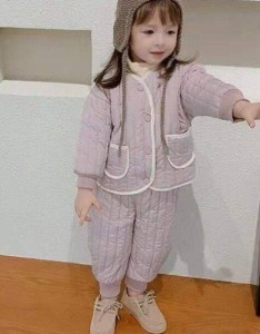 前開き 中綿コート セットアップ 上下セット アウター コート ロングパンツ 暖かい 子供服 部屋着 5色 秋冬 ルームウェア 防寒 2点セット