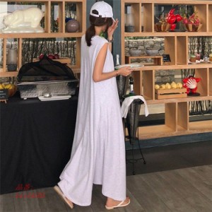 ワンピース レディース ロング丈 シンプル ゆったり ロングワンピース 夏 マキシ丈ワンピース カットソーワンピース ノースリーブ 無地 