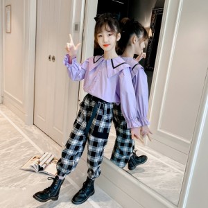 子供服 セットアップ 女の子 ブラウス 韓国子供服 キッズ ジュニア 春秋 上下セット トップス  2点セット 長袖 シャツ パンツ  可愛い お