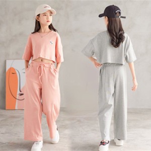 韓国子供服 女の子 スポーツウェア レジャー 夏服 上下セット キッズ セットアップ 半袖 スウェット+ 長ズボン 2点セット カジュアル 普