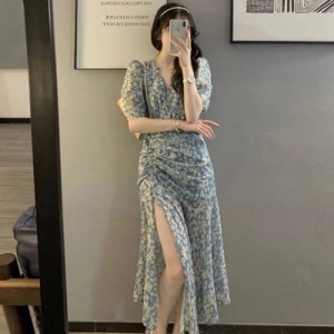 【美品】EMA BLUES エマブルー ひざ丈 ワンピース 花柄 フランス製 ひざ丈ワンピース 専門店では