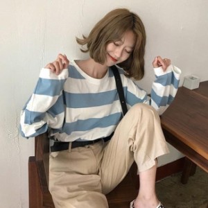 Tシャツ レディース 長袖 ボーダー柄Tシャツ ゆったり 長袖Tシャツ サマーTシャツ カットソー 夏 女性 クルーネック 夏Tシャツ 丸首 長袖