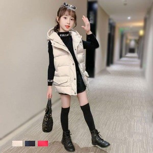 韓国子供服 コート キッズ 女の子 冬服 中綿コート ベスト フード付き ミドル丈 無地 オシャレ 普段着 通学 アウター 防寒 防風 ページュ