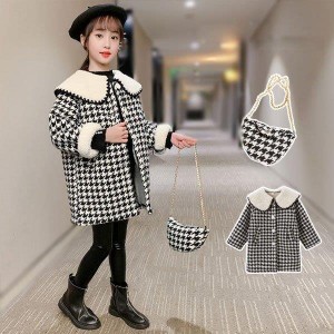 韓国子供服 アウター キッズ 女の子 冬服 コート 防寒抜群 裏起毛仕様 ラペル 千鳥格 シングルブレスト バッグ付き ミドル丈 卒業式 ブラ