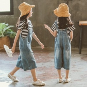 ゆるゆる涼しくて大活躍！　子供服 セットアップ　女の子 キッズ　トップス　デニムサロペット　 2点セット　ボトムス シャツ