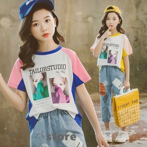 子供服 セットアップ 女の子 韓国子供服 キッズ ジュニア 春夏 上下セット 2点セット 半袖 Tシャツ デニムパンツ 長ズボン 薄手 可愛い 