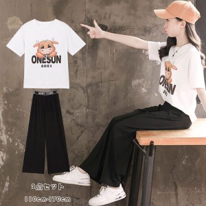 子ども服 セットアップ 牛柄 可愛い 女の子 夏物 上下セット カジュアル Tシャツ+ワイドレッグパンツ 2点セット ゆったり 半袖 長ズボン 