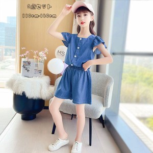 子ども服 夏服 セットアップ 女の子 デニムトップ+デニムショートパンツ 上下セット 2点セット コットン 上下 レジャー 可愛い フリル半