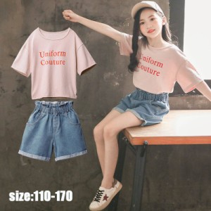 韓国子供服 ２点セット 夏 カジュアル ナチュラル tシャツ 半ズボン デニムズボン ジーンズ 半袖 女の子 セットアップ リゾート 可愛い 