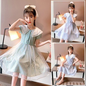 ワンピース キッズ 子供服 女の子 夏 キッズワンピース 半袖 チェック柄 チュール 折り襟 子供ドレス ジュニア 子ども お姫様 おしゃれ 