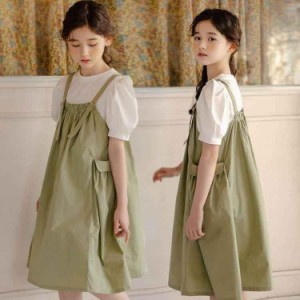 韓国子供服 ２点セット カジュアル ナチュラル トップス*サロペット 半袖 Tシャツ セットアップ ゆったり こども 可愛い 夏 ビーチ 卒園