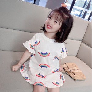 子供服Tシャツ ワンピース女の子 半袖 虹柄 プリント カジュアル 綿おしゃれ ゆったり シンプル 子ども服夏 人気 可愛い ジュニア服 おす