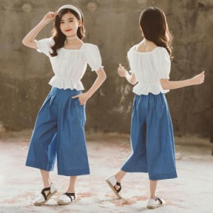 子供服 可愛い 夏服 セットアップ キッズ 女の子 白 半袖 シャツ* デニム ワイドレッグパンツ 2点セット スウィート 上下セット