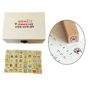 木製の漫画の猫と魚のスタンプ、収納ボックス付きのかわいいスタンプセット（40個）-カード作成、DIYプランナー、スクラップブッキング、