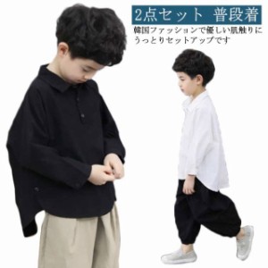 送料無料 韓国子供服 キッズ セットアップ 2点セット シャツ ブラウン スポーツウエア パンツセット ガウチョパンツ ワイドパンツ 長袖 