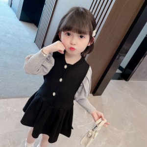 春服春秋ワンピース 長袖 無地 春 女児 プリンセスワンピース おしゃれ 重ね着風 ワンボタン スカート 子ども