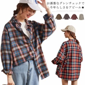  ロングシャツ ゆるシャツ グレンチェック 長袖 シャツ レディース チェック柄 シャツブラウス ボタンシャツ ロング丈 チェック柄  ブラ