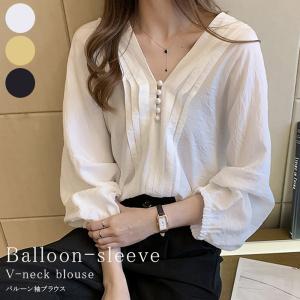 ★フロントボタンが可愛い!Vネックブラウス レディース ピンタック シャツ パフスリーブ トップス