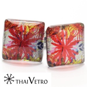 【ThaiVetro】華やかなグラフィック系フラワーデザインのガラス製カフス（カフスボタン/カフリンクス）