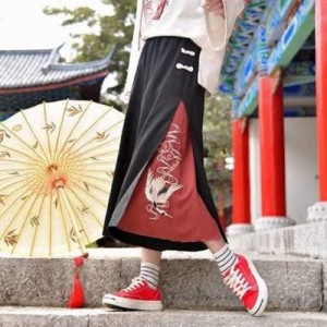 鶴柄 刺繍 ワイドパンツ フリーサイズ 袴パンツ 和柄 和装 ツル / 韓国 ファッション 刺＆#32353 