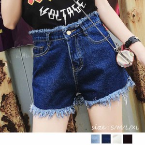 カットオフ デニムパンツ ショートパンツ レディース 美脚パンツ 裾フリンジ