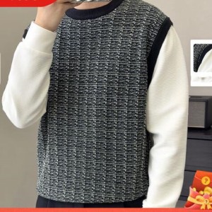 メンズ ニット長袖 セーター 2023新作 ラウンドネック 韓国風 仮二件 / メンズアパレル トップス
