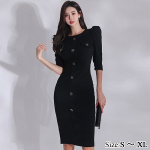 キャバ ドレス キャバドレス ワンピース ミディアムドレス クラシカル シルエット 華奢 切り替え ブラック S M L XL 
