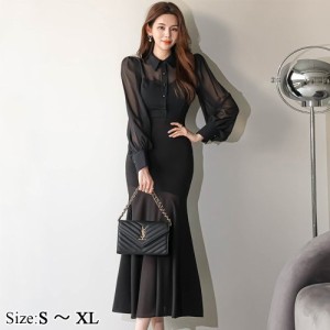 キャバ ドレス キャバドレス ワンピース ミディアムドレス ふんわり 華やか 大人 透け感 シアー ブラック S M L XL 