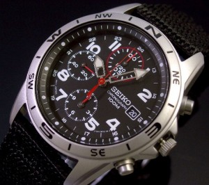 SEIKO/セイコー【クロノグラフ】ミリタリー メンズ腕時計　ブラックナイロンベルト　ブラック文字盤　SND399P　海外モデル