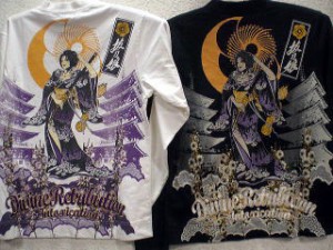 カラクリ 和柄長袖Tシャツ アメカジ抜刀娘　五重の塔　 KARAKURI