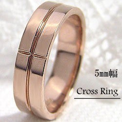 クロスリング 5ミリ幅 ピンクゴールドK10 幅広 ピンキーリング 10金 結婚指輪 レディースリング 十字架