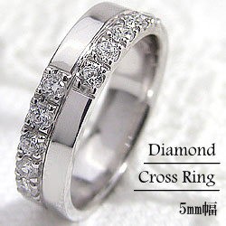 クロスリング ダイヤモンドリング 5ミリ幅 ホワイトゴールドK10 幅広 ピンキーリング 10金 結婚指輪 レディースリング 十字架