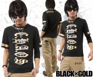 BIGプリントロゴ腕サイドバック英字プリント半袖Tシャツ ブラック×ゴールド ch-ry-2005 メンズファッション　キレイメ　シンプル　メン