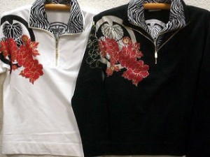 カラクリ魂 和柄ゼブラレイヤード ダブルジップ長袖Ｔシャツ　家紋に牡丹刺繍　 KARAKURI