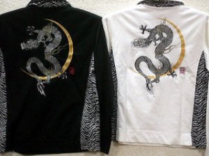 カラクリ魂 和柄ゼブラレイヤード ダブルジップ長袖Ｔシャツ　三日月龍刺繍　 KARAKURI