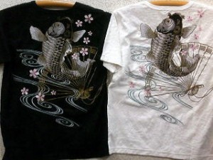 カラクリ魂  和柄　パイルジャガード半袖Tシャツ 　扇鯉刺繍　KARAKURI