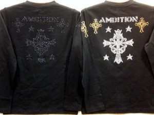 ビーアンビション 長袖ＶネックＴシャツ　ラインストーンクロス　BE AMBITION