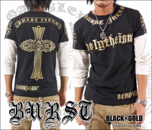 袖切替 Polytheism バッククロスプリント 7分袖Ｔシャツ ブラック×ゴールド 70547 メール便300円対応商品 M L XL