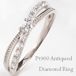 クロスリング プラチナ900 指輪 アンティーク ダイヤモンド Pt900 取巻き ミルウチ 送料無料