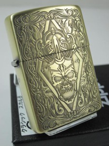 ジッポー豪華Zippo クラシック スカル Skul 彫刻 ブラス真鍮古美B 新品