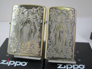 ペア・ジッポーZippoアラベスク マリア・ディープエッチング・クロス真鍮ブラス両面（2個）　
