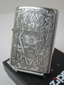 ジッポー豪華Zippo クラシック スカルSkul 彫刻 ニッケル古美A 新品