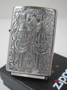 ジッポー豪華Zippo クラシック ユリCross彫刻　ニッケル古美A 新品