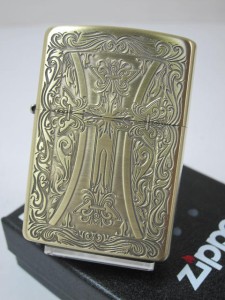 ジッポー豪華Zippo クラシック クロスCross彫刻 ブラス真鍮古美B 新品