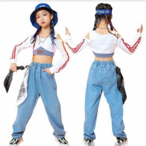 女の子ダンス衣装 ジャズダンス キッズダンス衣装 デニムパンツ 3点セットアップ 女の子 長袖シャツ＋パンツ＋ヘアバンド３点セット