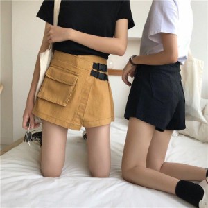 2色 ショートパンツ レディース ショーパン デニムダメージ ハイウエスト セクシー 短パン フロント ボタン キュロット スカートSize S-L