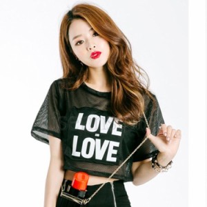 ヒップホップ ダンス衣装 Tシャツ トップス メッシュ へそ出し 黒ロゴプリント レディース カットソーショート丈トップス ストリート系 