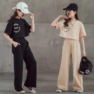 子供服 セットアップ 夏 韓国子供服 女の子 ジュニア キッズ 上下セット 無地 Tシャツ 半袖 ガウチョパンツ ドット柄 可愛い おしゃれ 通